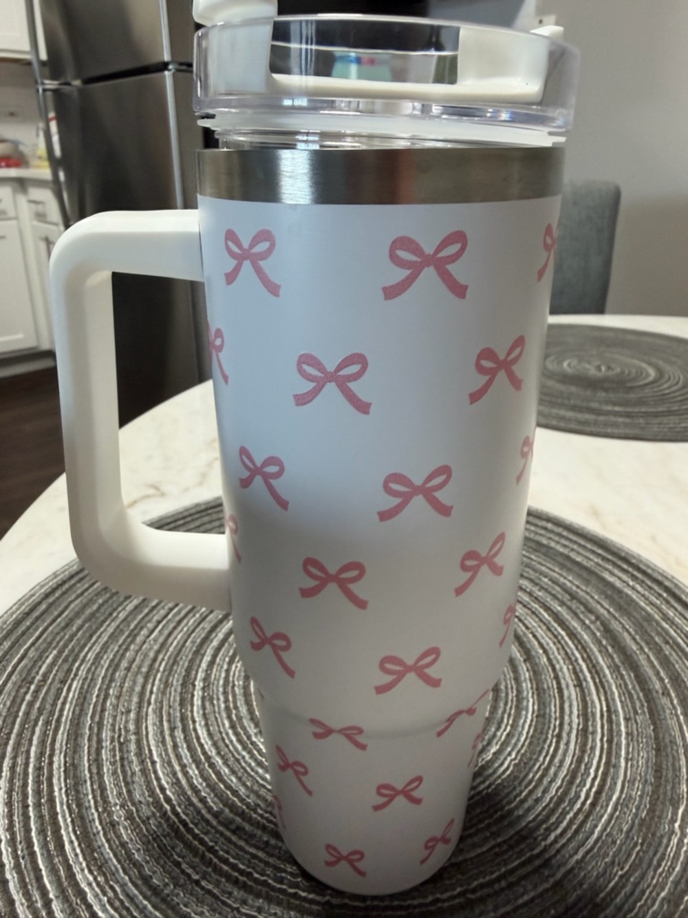 White Tumbler with Pink Bow Pattern